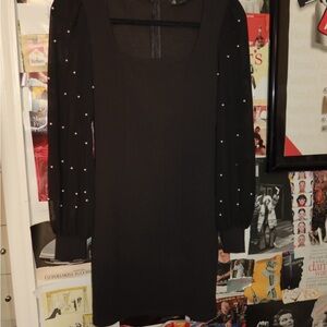 Iris Black Long Sleeve Dress with Pearl Details